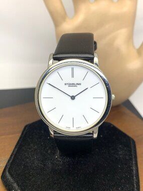Stuhrling Mens Watch Swiss Quartz White Dial Silver Case Black Leather Band 38mm